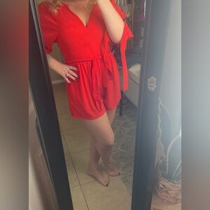H&M Red Romper with Pockets and Fun Ruffle Sleeves